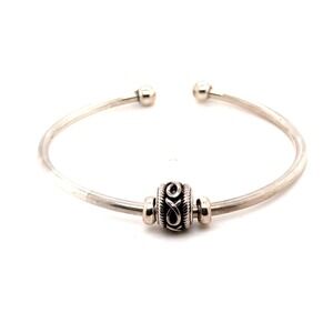 Sterling Silver 925 Open Cuff Bangle Bracelet with Celtic Knot Charm Bead 7in